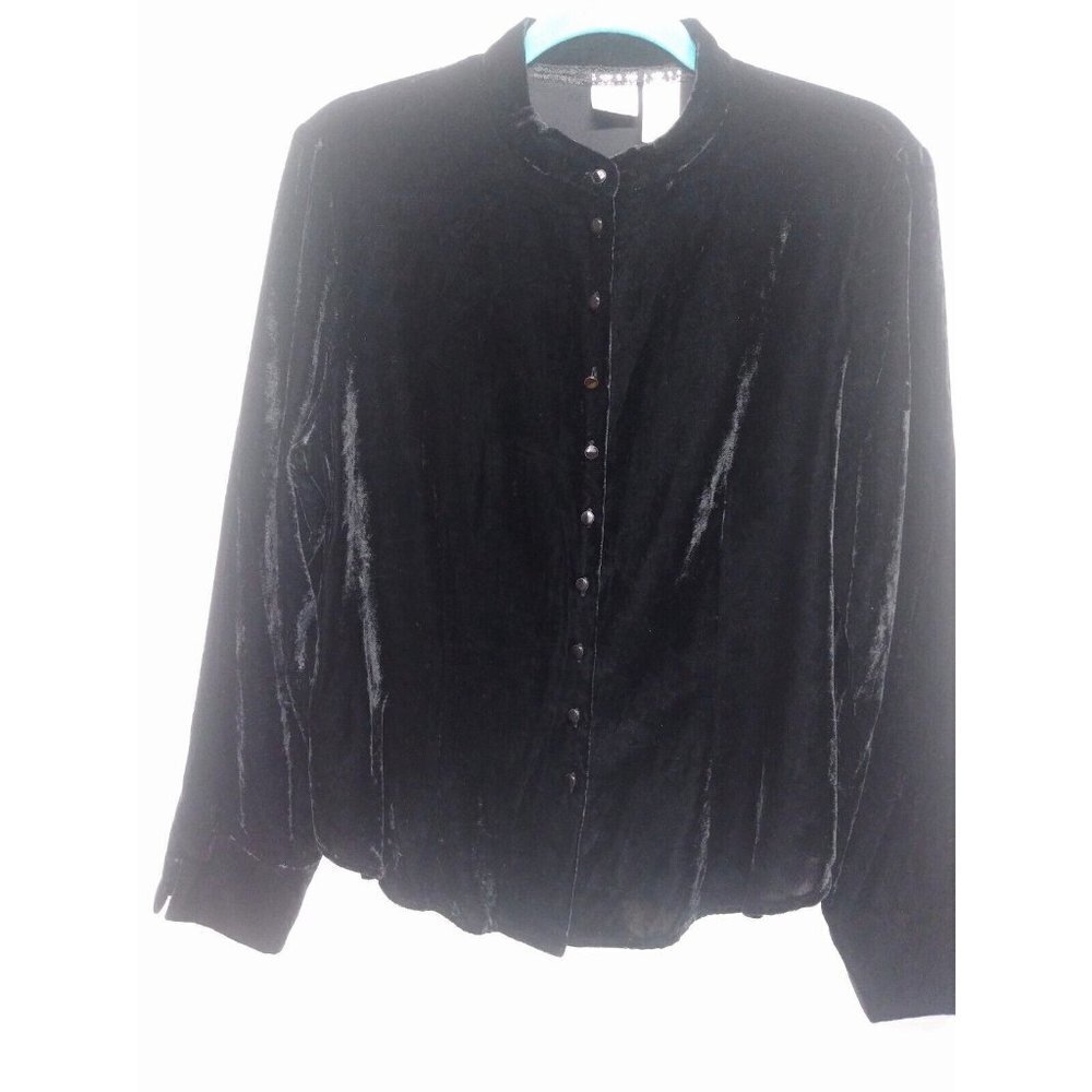 Emma James Black velvet shirt blouse top Sz 12 long sleeve collared Liz Claiborn